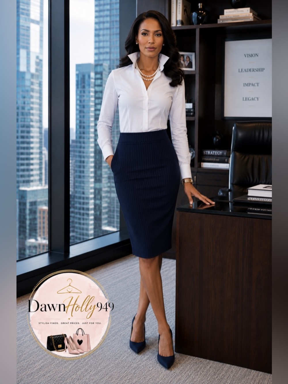 Anne Klein Platinum Navy Pinstripe High-Waist Pencil Skirt